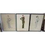 Set of 3 interesting Fashion Drawings/Watercolours - lady’s in various coloured dresses, signed by