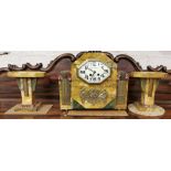 Art Deco 3-piece Clock Set, the white dial stamped “MARLIERE FRERES”, in a beige marble case with