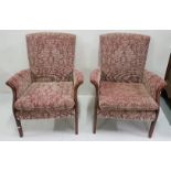 Matching pair Parker Knoll red floral armchairs, on tapered legs
