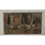 Italian Oil on Board - abstract poultry farmyard scene, signed Tuhua/Eta 70, 15cm x 20.4cm,