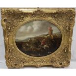 Italian Oil on Canvas – The Horseback Battle, in view of the Castle, 38cmH x 40cmW, signed