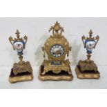 French 3-Piece Ormolu Clock Set, ornately decorated with porcelain panels featuring birds and