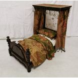 Miniature 19thC Mahogany Half Tester Bed with a decorative end panel, gold and green brocade