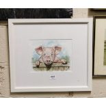 ANDY SAUNDERS, Watercolour “Porky”, 19cm x 25½cm in a white frame