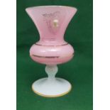 Early 20th C opaline glass Goblet shaped Vase, pink ground with gold rims, white stem, with 2