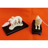 2 miniature carved Ivory Animal Models - a Roaring Lion 8cm w x 2cm h, a Pair of Wolfhounds 8cm w
