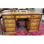 Burr Walnut Kneehole Pedestal Writing Desk, in the style of Lamb of London, with brass drop handles,