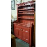 Irish Pine Kitchen Dresser, painted red, the open original top with “love heart” designs, over two