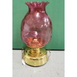 Brass Faced Container Oil Lamp with large Etched Red Glass shade.