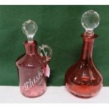 Victorian Cranberry Glass Jug with rimmed sides, clear glass handle and facet-cut stopper, 23cm