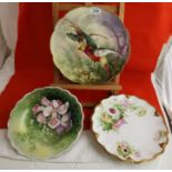 3 Limoges China wall plaques - scallop shaped - 2 floral designs, 1 painted with parrots