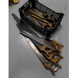 4 x similar Late 19thC wooden handle Hand Saws, each about 70cm long and a box of 6 carpenter’s Saws
