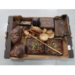 Box of Treen items including a book-slide, African bust, a small bench & owl etc