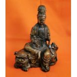 Bronze Figure of a Seated Buddha on a mythical dog, signed at the base, in the 16th C design, 30cm h