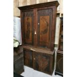 19thC Arts and Crafts Pokerwork Bookcase, the two upper doors carved with figures – “Truth” & “