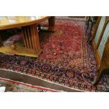 Large old Red Ground Persian Kashan Carpet, with a sharsafi medallion design, blue ground borders,