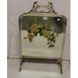 Polished Brass Framed Fire Screen, with a mirrored insert, floral painted