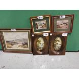 Pair of Miniature Oils in Oval Mahogany Shaped Frames & 3 Donegal Prints - Mountain & Lake