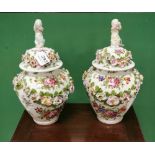Matching Pair of ornate bulbous shaped Meissen Vases, floral ground with applied flowers with