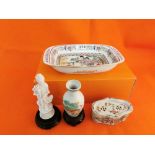 Japanese Porcelain – a Dish, snuffbox, small vase, figure of a woman (fingers damaged) (4)