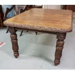 Victorian cared oak wind-out extending Dining Table (shown with removeable leaf), 140cmW x 102cm x