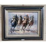 Kentucky, Blue Grass “Into the Straight” oil on canvas, signed A Veccio, 34cm h x 41cm, framed