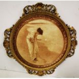 Circular Antique Lithograph “The Shell Seeker”, in a decorative Florentine-shaped frame, featuring