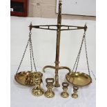 A good brass balance scales, stamped Degrave London, 1865, complete with various bell shaped