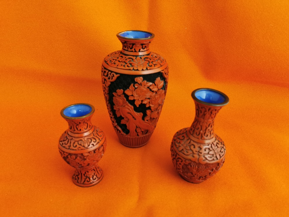 Three late 19thC Chinese Red Lacquer overlaid Vases, blue cloisonné inside, including 1 pair 19cm