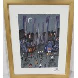 JOHN ORMSBY Watercolour, Abstract Street Scene, with shops named “Walsh & O’Driscolls”, in a gold