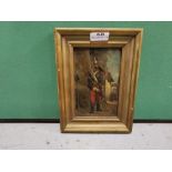 19th C oil painting - portrait of a Royal Guard in full costume, on duty, 17X12cm, gold framed