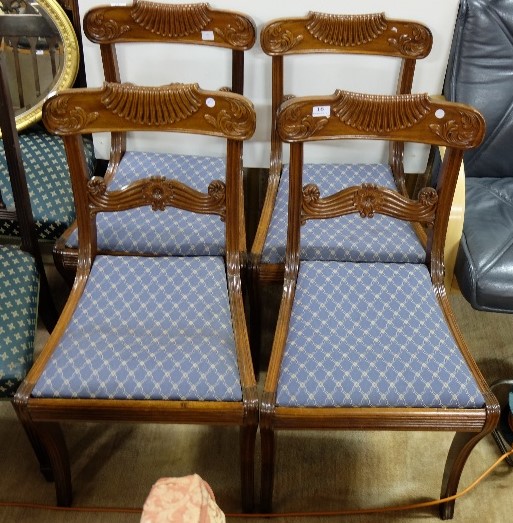 4 x Regency Dining Chairs with scrolled shaped top rails and scrolled slats, sabre lets, removable