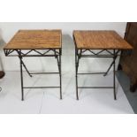 2 bamboo topped effect folding tables, metal & folding (pair), each 56cm sq top x 75cm h