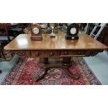 William VI Mahogany sofa table with 2 apron drawers, corbel design over a twin bulbous shaped pod,