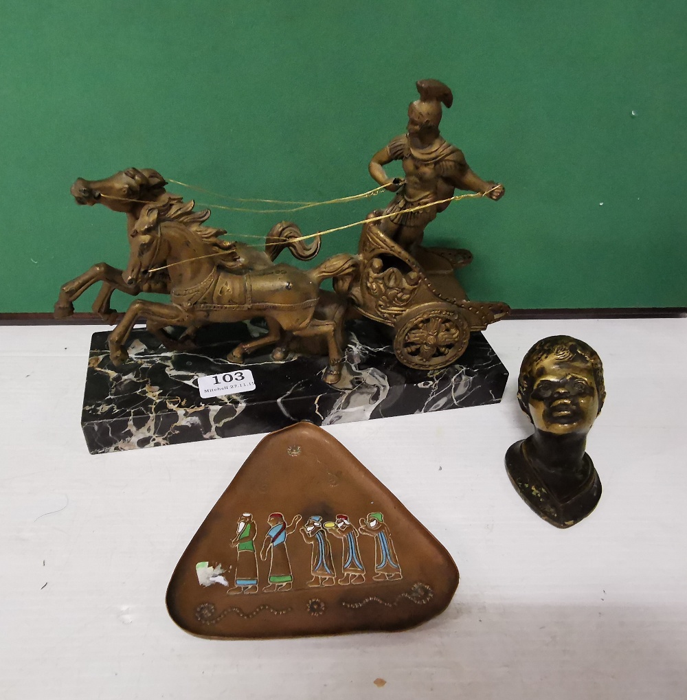 Ornamental table figure of a Man in a Chariot, on a black marble base 30cm w x 23cm h & a triangular