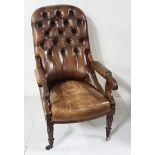 A good William IV Rosewood framed & buttoned Leather Upholstered Library Armchair