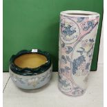 Oriental style cylindrical stick stand, floral pattern (modern) 46cm h & a Doulton Green Ground