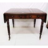 WMIV Mahogany Sofa Table with drop leaves, on turned and reeded legs, cup castors, two drawers to