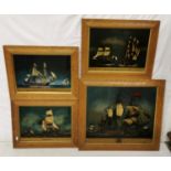 4 Wall Pictures – prints on glass – Gun Ships & Admiral Ships, in walnut frames (3 - 35cmx45cmH &