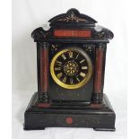 Tall black marble Mantel Clock, with red marble doric columns, a black dial with gold numerals, 42cm