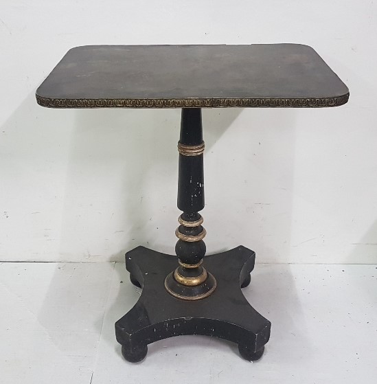 Regency Ebonised Occasional Table, the tilt-type top decorated with a landscape scene (worn