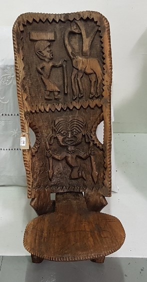 African carved hardwood Shield Chair, with giraffe and trivial carvings, 40cm h