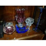 Group of modern / contemporary glassware incl. red dish and vase, blue dish, cut glass bowl etc