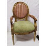 Decorative Gilt Framed Armchair, with a red stripped padded back and a green velour seat, turned