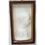 Late 19thC/early 20thC plaster plaque, profile portrait of a young saint, in an oak glazed boxed