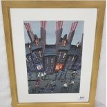 JOHN ORMSBY, Watercolour, Abstract Street Scene, with shops named “Crowleys” & “Breens” in a gold
