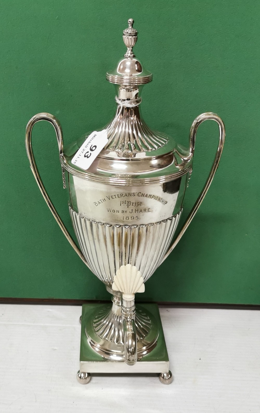 Silver Plated Tea Urn, with a presentation inscription dated 1895, bone tap handle, 40cmH