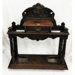 19thC Oak Stick Stand, carved with applied foliage carvings, apron drawer and 2 drip trays, 42”w x