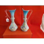 Matching Pair of Victorian ewer shaped Blue Vases, opaline glass, floral décor, clear glass handles,