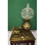 Indian Table Oil Lamp, featuring an ornamental oxen-driven carriage drawing the oil lamp, also an